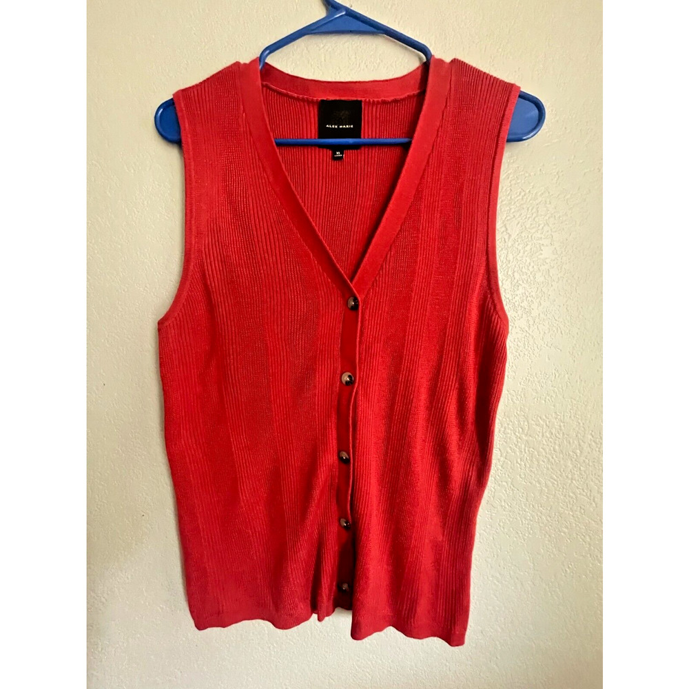 Alex Marie Knit Jessica Button Front V-Neck‎ Sleeveless Cardigan Red/Orange XL